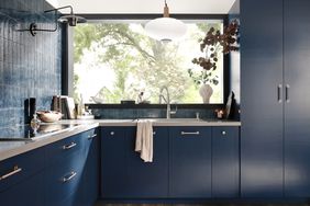 deep blue minimal kitchen with window