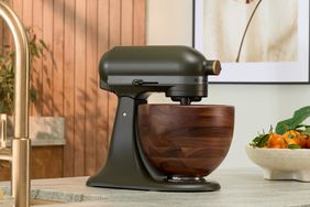 Evergreen kitchenaid mixer with wooden bowl