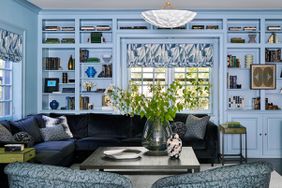 Blue Living room with shelving 