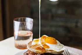 Buckwheat Pancakes with Maple Syrup and Fried Egg