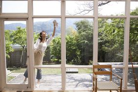 woman washing exterior windows