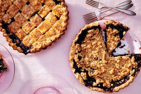 coconut-lime-crumble blueberry pie sliced and plated