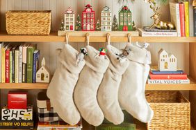 Stockings hanging on bookshelf