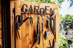 garden tools hanging in shed