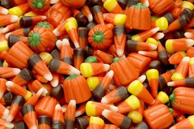 close-up of candy corn and pumpkin candy corn