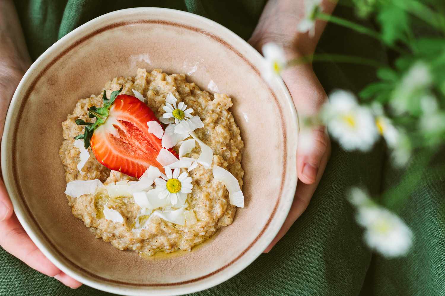 edible chamomile flowers in oatmeal