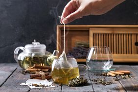 homemade tea bag in glass cup on table