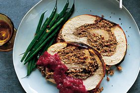 slices of rolled turkey breast with sausage-pecan stuffing