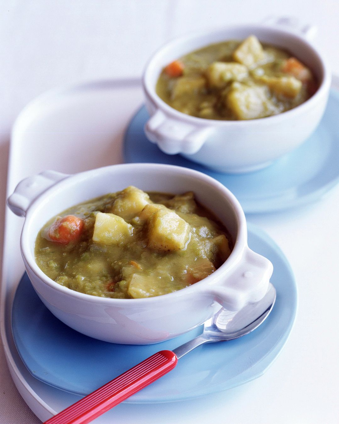 split pea potato soup in bowls