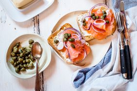 overhead view of capers and salmon toast