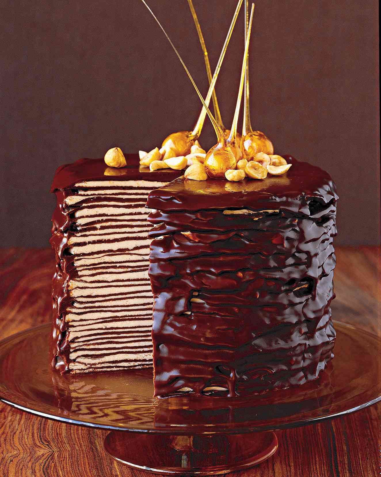 chocolate crepe cake with candied hazelnts on top