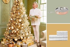 Martha Stewart near Christmas tree, pan and sheets