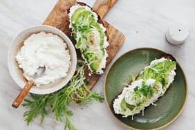 overhead view of ricotta toast and bowl of ricotta