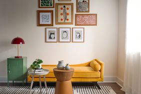 Living room with yellow couch