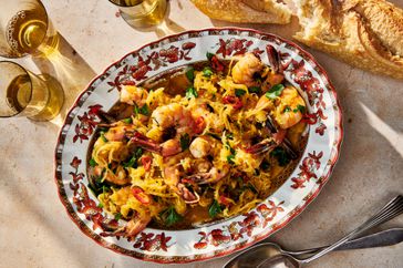 Spaghetti squash and shrimp scampi on platter