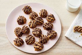 peanut butter no bake cookies served on a pink plate