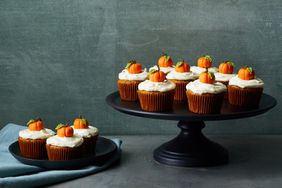 Pumpkin cupcakes on cake stand