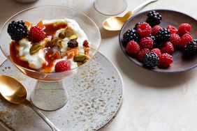 rice pudding with sea-salt caramel sauce and berries