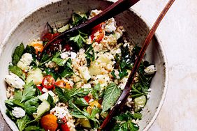 rice salad with tomatoes cucumbers feta