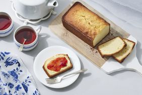 Overhead view of pound cake with tea