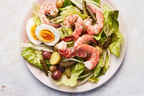 scandinavian shrimp salad served on a pink plate