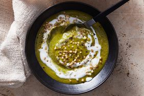 spinach split-pea soup with barley topped with yogurt