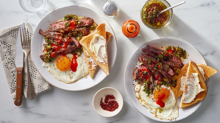 steak and eggs served with toast