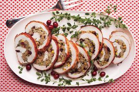 overhead view of turkey rolls on a patterned tablecloth