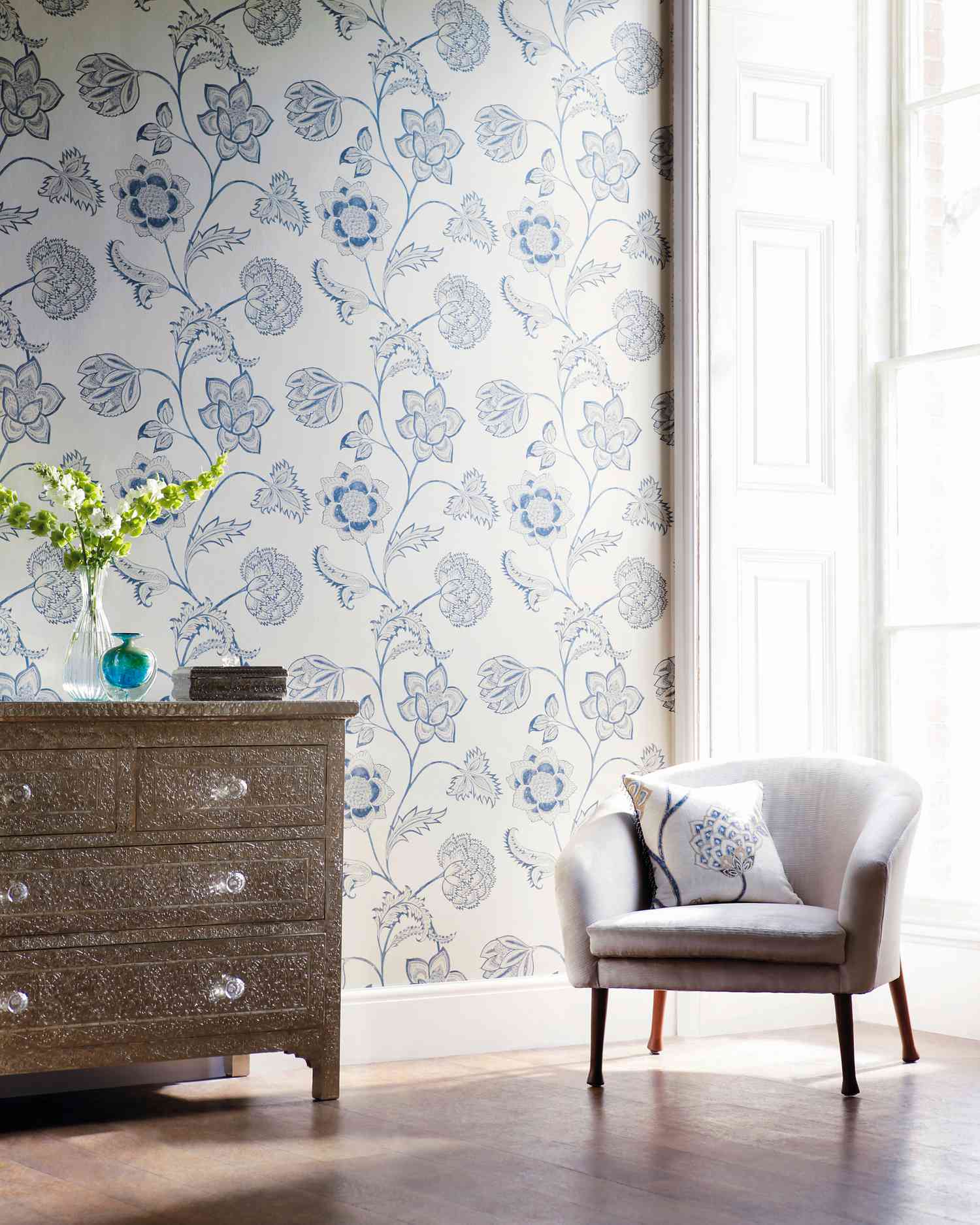 Blue floral wallpaper accent wall